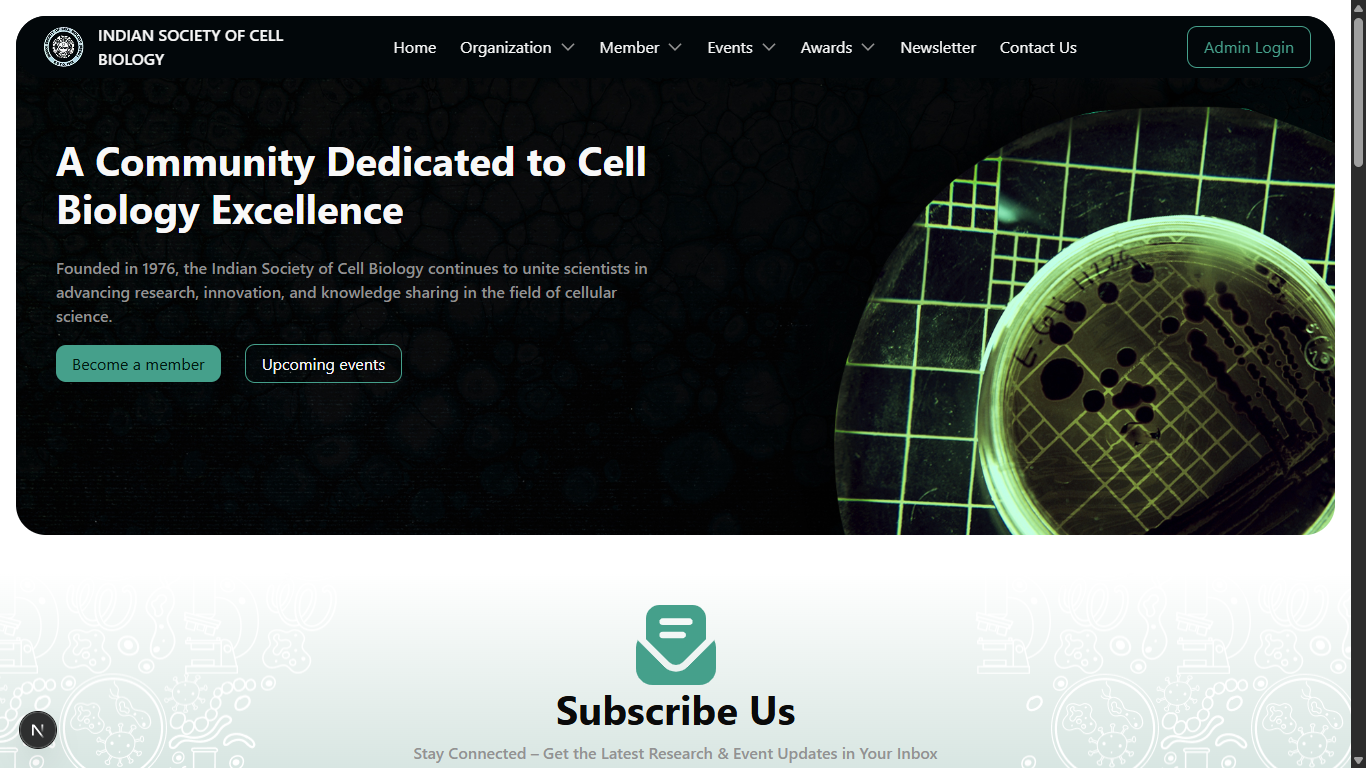 Custom web portal development for Indian Society of Cell Biology — homepage screenshot