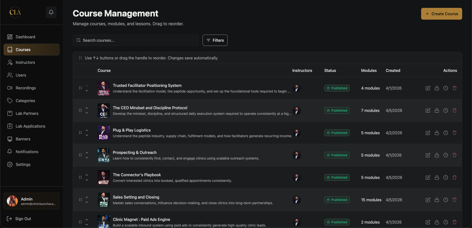 CLA admin course management panel