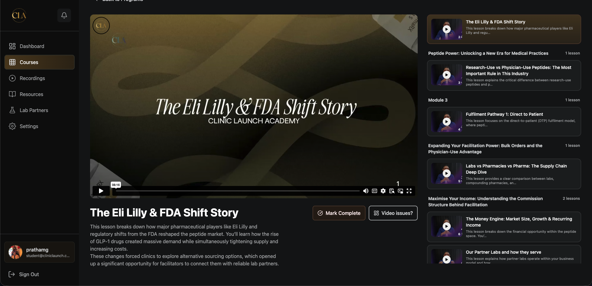 CLA HLS video lesson player